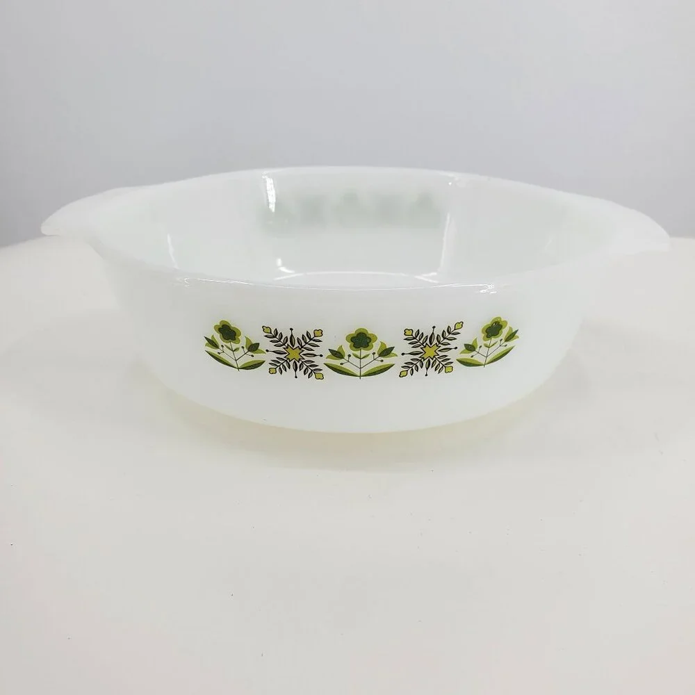 Vintage Anchor Hocking Co Meadow Green‎ Print 2 Circle Casserole Dishes